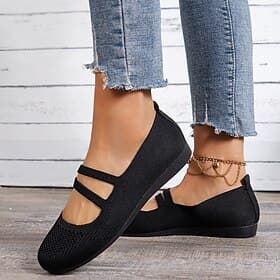 Women's Black Breathable Knit Ballet Flats – Comfortable Slip-On Shoes for Casual  Work Wear