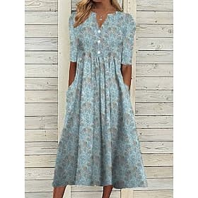 Women's Midi Dress Floral Graphic Ruched Button V Neck Daily Vacation Short Sleeve Summer Spring