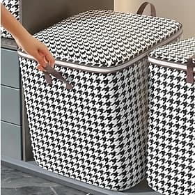 1pc Clothes Storage Bag, Houndstooth Pattern Foldable Fabric Storage Bag, Large Capacity Waterproof Moisture-proof Cotton Quilt Storage Bag, Home Organization