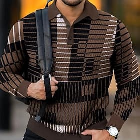 Men's Plaid Polo Shirts Golf Shirt Long Sleeve Polo Shirts Collared Shirts Vintage Casual Vacation Wear Formal Wear Festival Wear 3D Print Buttons Dark Brown B