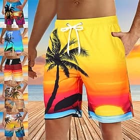 Men's Coconut Tree Sunset Swim Trunks Swim Shorts Board Shorts Mid Waist Hawaiian Boho Beach Holiday Drawstring with Mesh lining Elastic Waist Designer Clothin