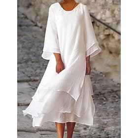 Women's Midi Dress Linen-feel Dresses Kaftan Dress White Dress Basic Casual Daily Outdoor Vacation Loose Fit Pure Color Long Sleeve Crew Neck Blue Light Pink W
