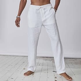 Men's Linen Pants Trousers Summer Pants Pocket Plain Comfort Breathable Daily Casual Black White