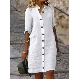 Women's Midi Dress Linen-feel Dresses Shift Dress Shirt Dress Casual Dress Fashion Basic Casual Daily Outdoor Regular Fit Plain Half Sleeve Shirt Collar Black