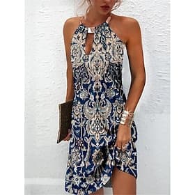 Women's Mini Dress Ethnic Dress Summer Dress Halter Neck Dress Print Dress Ethnic Tribal Outdoor Daily Going out Regular Fit Floral Tribal Sleeveless Halter Ne