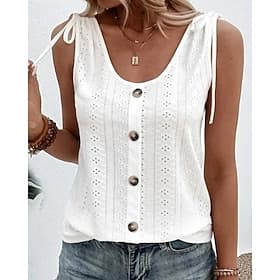 Women's Texture Blouse Eyelet Top Pointelle Tee Tank Top Buttons Plain Basic Sleeveless Sleeveless U Neck Regular Tops Casual Daily Beach Light Blue claret Bla