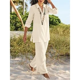 Women's Cotton Linen Sets Loungewear Sets Basic Casual Comfort Pure Color Shirt Pant Daily Home Vacation Long Sleeve Lapel Black Brown Khaki Dark Blue Summer S