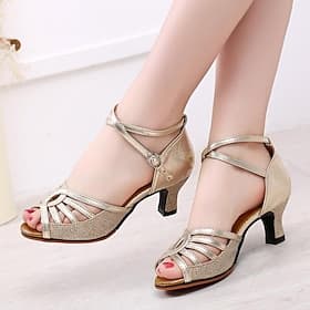 Damen-Latin-Tanzschuhe mit goldenem Glitzer – Riemchen-Pumps mit offener Spitze und Knöchelriemen für Standard- und Salsa-Auftritte