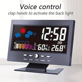 Weather Clock With Time Date Week Temperature Humidity Display Weather Forecast Function With Voice-activated Backlight Function 15.6X4X9.6CM/6.13.71.5in