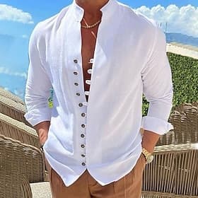 Men's Shirt Linen Shirt Summer Shirt Elegant Button Up Shirt Casual Shirt Black White Pink Blue Long Sleeve Plain Band Collar Summer Spring   Fall Daily Vacati