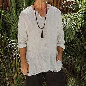 Men's Viking Style Summer Shirt Beach Wear Casual Shirt Plain Vacation Curise Brown Khaki Beige Long Sleeve V Neck Spring  Summer Clothing Apparel