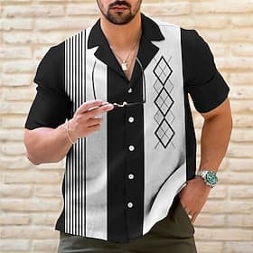 Men's Striped Geometric Pattern Geometry Shirt Bowling Shirt Button Up Shirt Short Sleeve Sports Fashion Streetwear Outdoor Casual Holiday Summer Spring Cuban