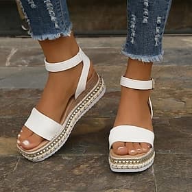 Women's White Espadrille Platform Sandals with Ankle Strap and Studded Detailing for Summer and Casual Outfits