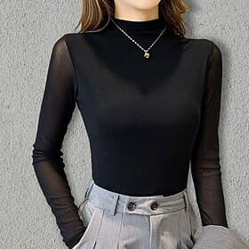 Ballroom Dance Activewear Top Ruching Pure Color Splicing Women's Performance Training Long Sleeve High Polyester Mesh