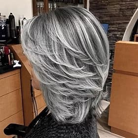 Silver Gray Ombre Layered Wigs with Curtain Bangs for Women Synthetic Short Light Grey Wig Layered Gray Wavy Bob Wig Highlight Grey Curly Bob Wig for Black Wom
