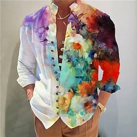 Men's Floral Shirt Button Up Shirt Long Sleeve Fashion Designer Casual Daily Vacation Going out Spring  Summer Fall Autumn / Fall Stand Collar Print Blue White