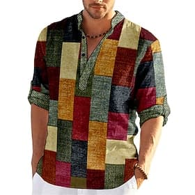 Men's Plaid / Check Patchwork Geometric Pattern Shirt Button Up Shirt Long Sleeve Fashion Streetwear Designer Casual Going out Summer Spring Fall Stand Collar