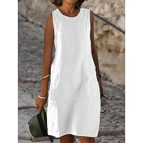Women's Midi Dress Shift Dress Sundress White Dress Cotton Linen Dresses Classic Casual Daily Vacation Loose Fit Plain Sleeveless U Neck Blue Light Blue Black