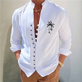 Homme Chemise Chemise en lin Chemise de Plage Cocotier Occasionnel Quotidien Bleu Blanche Orange Kaki manche longue Col montant Été Printemps Vêtement Tenue Im