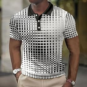 Men's Geometric Waffle Polo Shirts Golf Shirt Short Sleeve Polo Shirts Collared Shirts Business Casual WorkWear Formal Wear Festival Wear 3D Print Buttons Blue