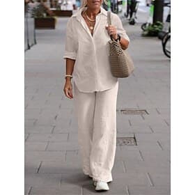 Women's 100%cotton Shirt Cotton Linen Sets Two Piece Sets Long Sleeve Long Pant Lapel Pure Color Buttons Simple Casual Comfort Daily Home Street Blue Black Pin