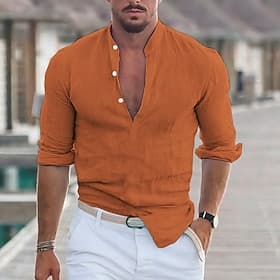 Homme Chemise en lin Chemise popover Chemise Décontractée Chemise à col officier Uni Occasionnel Vacances Bleu Noir Blanche Rose Claire manche longue Col Print