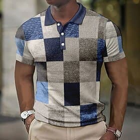 Men's Plaid Waffle Polo Shirts Golf Shirt Short Sleeve Polo Shirts Collared Shirts Vintage Casual Vacation Wear Formal Wear Festival Wear 3D Print Buttons Blue