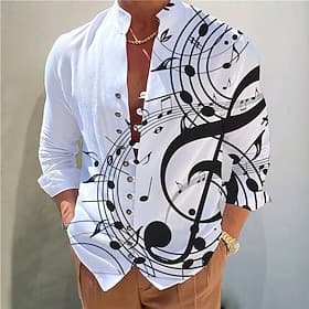 Men's Music Notes Shirt Button Up Shirt Long Sleeve Fashion Designer Casual Daily Vacation Going out Spring  Summer Fall Autumn / Fall Stand Collar Print Blue