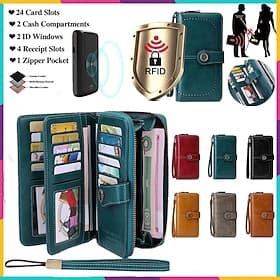 Women's RFID Blocking Faux Leather Wallet – Large Capacity Zipper Clutch with 24 Card Slots  Wrist Strap