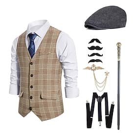 1920s Retro Vintage Vintage Inspired Outfits Party Costume Masquerade Cosplay Plaid Checkered Collarless Fancy Dress Men's Halloween Carnival Masquerade Hallow