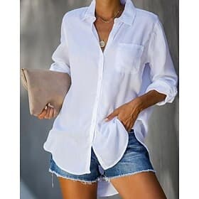 Women's 100% Cotton Shirt Blouse Button Pocket Work Daily Solid Basic Long Sleeve Shirt Collar White Summer Spring