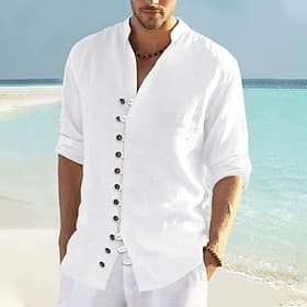 Herren Hemd Leinenhemd Sommerhemd Strandbekleidung Knopfhemd Einfach Lässig Täglich Blau Weiß Khaki Langarm Kragen Frühling  Sommer Bekleidung