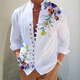 Men's Dark Shirt Aloha Shirt Long Sleeve Fashion Designer Casual Daily Vacation Going out Spring Summer Fall Autumn / Fall Stand Collar Print Black Black / Re