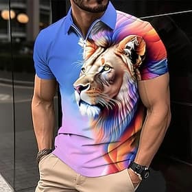 Men's Lion Zip Polo Shirts Golf Shirt Short Sleeve Polo Shirts Collared Shirts Casual Funny Streetwear Vacation Wear Party Outfits 3D Print Quarter Zip Polo Bl