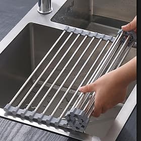 Roll Up Dish Rack, Stainless Steel Drying Drainer Over The Kitchen Sink, Foldable Rolling Rack Grey for Dishes Cups Fruits Forks