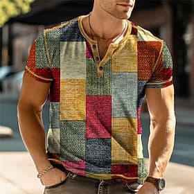 Herren Grafik Farbblock Henley Hemd Kurzarm 3D-Druck Mode Designer Bequem Täglich Outdoor Sommer Gelb Grün Grau Henley Henley T-Shirt