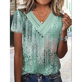 Women's T Shirt Buttons Print Graphic Elegant Fashion Basic Short Sleeve V Neck Regular Tops Daily Weekend White Pink Green Light Blue