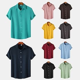 Men's Casual Shirt Black Yellow Pink Wine Blue Short Sleeve Plain Lapel Vacation Street Basic Clothing Apparel Polyester Fashion Leisure