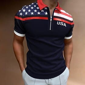 Men's Golf Shirt American Flag Polo Shirt Casual Daily Turndown Quarter Zip Short Sleeve Fashion Casual Flag Zipper Quarter Zip Spring  Summer Regular Fit Navy