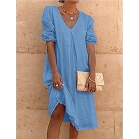 Women's Midi Dress Linen-feel Dresses Shift Dress Smock Dress Solid Basic Lantern Sleeve Vacation Loose Fit Long Sleeve V Neck Blue White Pink Sky Blue Summer
