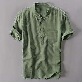 Men's Band Collar Shirt Popover Shirt Summer Shirt Beach Wear Casual Shirt Plain Outdoor Holiday White Blue Green Gray Short Sleeve Henley Spring  Summer Cloth