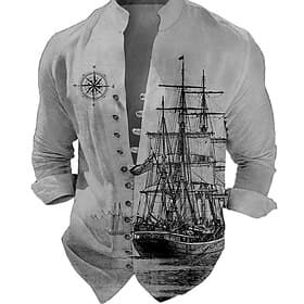 Herren Nautisch Vintage Hemd Knopfhemd Langarm Vintage Mode Streetwear Lässig Täglich Outdoor Sommer Frühling Herbst Stehkragen Druck Blau Khaki Blau-Grün Schw