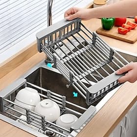 Stainless Steel Retractable Dish Drying Rack Expandable Kitchen Strainer Drain Draining Basket Over the Sink Adjustable Armrest, Washing Bowl Shelf for Vegetab