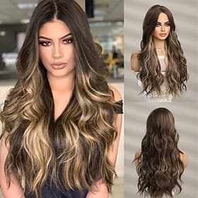 Brown Long Wave Wigs Wig for Women Body Wave Hair Wig With Blonde Highlight Wig for Women Daily Party Use Heat Resistant Halloween Cosplay Party Wigs