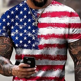 4th of July 2026 250th Memorial Day Men's Patriotic Vintage Designer Patriot Graphic 3D Print National Flag Veteran Crew Neck Short Sleeve T-Shirt