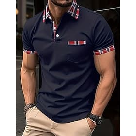 Men's Polo Shirts Golf Shirt Casual Sports Classic Short Sleeve Fashion Basic Plaid Color Block Patchwork Pocket Summer Regular Fit White Polo Shirts