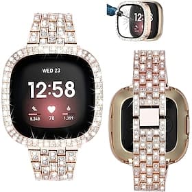 Smart Watch Band Compatible with Fitbit Versa 3 / Sense / Versa 4 /Sense 2 Bling Diamond Metal Strap Replacement with Screen Protector Case Cover for Fitbit Ve