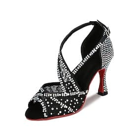 Schwarze Strass-Latein-Tanzschuhe für Damen – Peep-Toe-High-Heel-Ballsaal-Salsa-Sandalen für Auftritte und Wettkämpfe