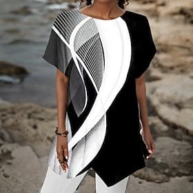 Women's Shirt Asymmetrical Hem Basic Abstract Print Short Sleeve Long Tops Round Neck Casual Silver Black White Blue Khaki