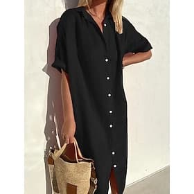 Women's Midi Dress Linen-feel Dresses Shirt Dress Casual Dress Casual Daily Loose Fit Plain Short Sleeve Shirt Collar Blue ArmyGreen Black Red Summer Spring Fa